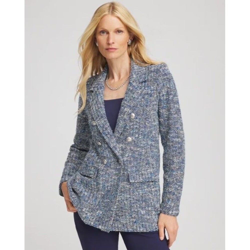 Chico’s Tweed Double Breasted Blazer NWT Size 2 Large Blue Passport